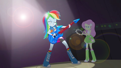 Size: 1920x1080 | Tagged: safe, screencap, fluttershy, rainbow dash, equestria girls, g4, my little pony equestria girls: rainbow rocks, boots, clothes, electric guitar, female, guitar, high heel boots, lens flare, musical instrument, pony ears, skirt, socks, tambourine