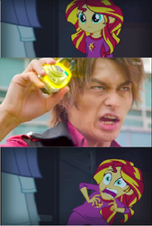 Size: 406x601 | Tagged: safe, sunset shimmer, equestria girls, g4, my little pony equestria girls: rainbow rocks, banana, exploitable meme, kaito kumon, kamen rider, kamen rider baron, kamen rider gaim, lockseed, meme, sunset screamer