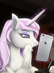 Size: 253x338 | Tagged: safe, artist:lostdragon01, edit, fleur-de-lis, pony, unicorn, g4, apple (company), cropped, female, iphone, iphone 6, logo, lowres, magic, product placement, solo
