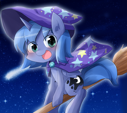 Size: 900x800 | Tagged: safe, artist:gyaheung, princess luna, alicorn, pony, g4, accessory swap, accessory theft, blushing, broom, cute, female, filly, flying, flying broomstick, happy, looking at you, night, night sky, open mouth, shooting star, smiling, solo, stars, the great and powerful, trixie's cape, trixie's hat, witch, woona
