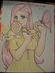 Size: 1200x1600 | Tagged: safe, artist:notorious-lemon, fluttershy, butterfly, human, g4, female, humanized, lollipop, solo, traditional art