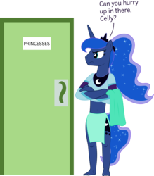 Size: 6400x7309 | Tagged: safe, artist:advanceddefense, artist:parclytaxel, princess luna, anthro, plantigrade anthro, g4, .svg available, absurd resolution, alternate hairstyle, colored, crossed arms, door, feet, female, ponytail, request, scorn, simple background, solo, towel, transparent background, vector