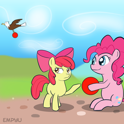 Size: 1200x1200 | Tagged: safe, artist:empyu, apple bloom, pinkie pie, that friggen eagle, bald eagle, eagle, g4, ball, ball emergency