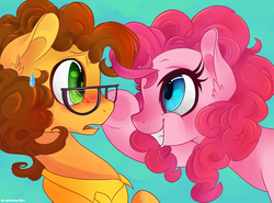 Size: 1764x1306 | Tagged: safe, artist:featherblot, cheese sandwich, pinkie pie, blushing, cheesepie, eye contact, female, glasses, looking at each other, male, nervous, shipping, smiling, straight, sweatdrop