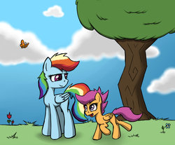 Size: 1024x849 | Tagged: safe, artist:doingthefishstick, rainbow dash, scootaloo, butterfly, pegasus, pony, g4, cloud, duo, female, filly, flower, grass, grass field, mare, missing cutie mark, nature, pink eyes, purple eyes, sisters, smiling, tree