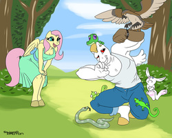 Size: 1100x880 | Tagged: safe, artist:stigma-photon, angel bunny, bulk biceps, fluttershy, gummy, hawk, lizard, reptile, snake, anthro, unguligrade anthro, g4, female, male, ship:flutterbulk, shipping, straight