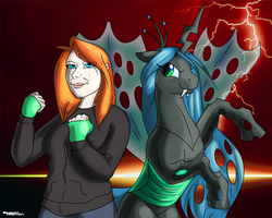 Size: 900x720 | Tagged: safe, artist:stigma-photon, queen chrysalis, human, g4, duo