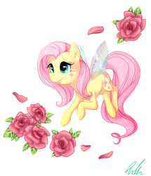 Size: 830x967 | Tagged: safe, artist:c-puff, fluttershy, breezie, g4, alternate design, female, rose, simple background, smiling, solo