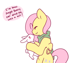 Size: 703x600 | Tagged: safe, angel bunny, fluttershy, pony, g4, ask-friendlyshy, bipedal, blushing, clothes, scarf, smiling, speech bubble
