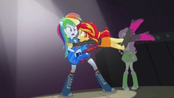 Size: 1280x720 | Tagged: safe, screencap, fluttershy, rainbow dash, sunset shimmer, equestria girls, g4, my little pony equestria girls: rainbow rocks, female, guitar