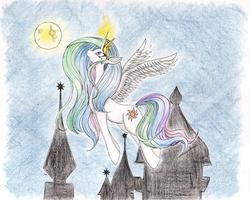 Size: 1024x819 | Tagged: dead source, safe, artist:unousaya, princess celestia, alicorn, pony, g4, crying, female, flying, mare, solo, traditional art