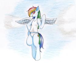 Size: 1024x853 | Tagged: dead source, safe, artist:unousaya, rainbow dash, semi-anthro, g4, arm hooves, clothes, female, panties, solo, traditional art, underwear