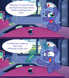 Size: 1920x2160 | Tagged: safe, artist:t-3000, princess luna, alicorn, pony, ursa minor, g4, bed, bedroom, bipedal, comic, cute, female, filly, frown, hat, insane troll logic, leaning, levitation, looking up, magic, needle, nurse, nurse hat, open mouth, plushie, pointing, raised eyebrow, s1 luna, smiling, solo, speech bubble, spread wings, syringe, teddy bear, thinking, this will end in tears and/or death, this will not end well, ursa plush, wide eyes, wings, woona, younger