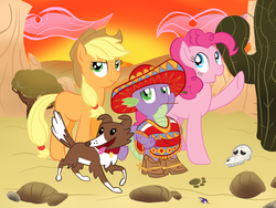 Size: 1000x750 | Tagged: artist needed, source needed, safe, applejack, pinkie pie, spike, winona, g4, clothes, desert, hat, poncho, sombrero