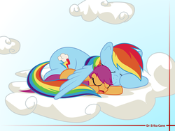 Size: 800x600 | Tagged: safe, artist:dr-cane, rainbow dash, scootaloo, g4, cloud, cloudy, sleeping