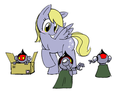 Size: 1024x768 | Tagged: source needed, safe, artist:trackpad mcderp, derpy hooves, alien, pegasus, pony, robot, g4, blushing, box, cute, derpabetes, female, flatwoods monster, mare, monster, package, solo, stamp