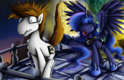 Size: 1200x776 | Tagged: safe, artist:jamescorck, princess luna, oc, oc:sketchy sounds, pony, g4, balcony, canterlock, eyes closed, fanfic art, raised hoof, spread wings, surprised, traditional royal canterlot voice