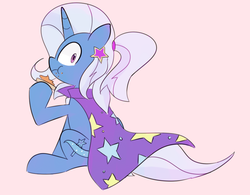 Size: 969x756 | Tagged: safe, artist:lance, trixie, pony, unicorn, g4, alternate hairstyle, eating, female, mare, peanut butter crackers, ponytail, simple background, solo, that pony sure does love peanut butter crackers