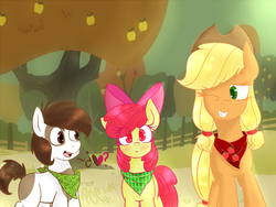 Size: 1600x1200 | Tagged: safe, artist:pandaconchoclo, apple bloom, applejack, pipsqueak, g4, bandana, ship:pipbloom, smiling, tree, wink