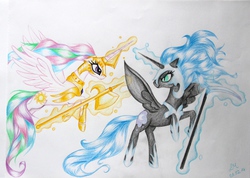 Size: 4130x2942 | Tagged: safe, artist:ablm, nightmare moon, princess celestia, g4, armor, fight, floppy ears, halberd, magic, rearing, scythe, smirk, spread wings, telekinesis, traditional art, weapon