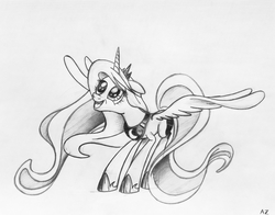 Size: 2357x1852 | Tagged: safe, artist:uminanimu, princess luna, g4, :d, female, grayscale, looking up, monochrome, smiling, solo, spread wings, traditional art