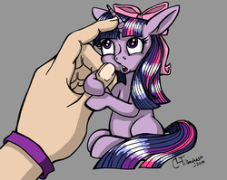 Size: 2648x2104 | Tagged: safe, artist:crystal-leviathan, twilight sparkle, human, g4, cute, disembodied hand, hair bow, hand, high res, looking up, micro, open mouth, sitting, tiny ponies, twiabetes