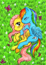 Size: 1024x1448 | Tagged: dead source, safe, artist:nana-yuka, fluttershy, rainbow dash, butterfly, pegasus, pony, g4, blushing, deviantart watermark, female, folded wings, grass, hug, hug from behind, lesbian, mare, obtrusive watermark, on side, outdoors, ship:flutterdash, shipping, traditional art, watermark, wings