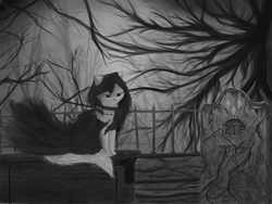 Size: 4608x3456 | Tagged: safe, artist:blackheart0001, opalescence, rarity, cat, ghost, g4, black and white, cloak, clothes, colored eyes, dead, description at source, female, grave, grayscale, lonely, monochrome, moody, sad, solo