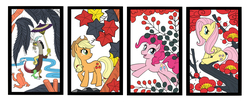 Size: 1000x409 | Tagged: safe, artist:orca, applejack, discord, fluttershy, pinkie pie, g4, hanafuda, pixiv