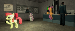 Size: 1920x800 | Tagged: safe, apple bloom, scootaloo, sweetie belle, g4, 3d, barney calhoun, crossover, cutie mark crusaders, gmod, gun, half-life