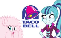 Size: 1280x800 | Tagged: safe, edit, sonata dusk, oc, oc:fluffle puff, human, pony, equestria girls, g4, my little pony equestria girls: rainbow rocks, cute, flufflebetes, grin, happy, ocbetes, smiling, sonataco, taco bell, taco sistas, taco tuesday, that girl sure loves tacos, that pony sure does love tacos, that siren sure does love tacos, wide eyes