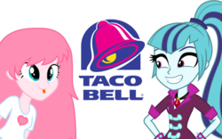 Size: 1280x800 | Tagged: safe, artist:strawberry-pannycake, edit, sonata dusk, oc, oc:fluffle puff, equestria girls, g4, my little pony equestria girls: rainbow rocks, happy, sonataco, taco bell, taco sistas, taco tuesday, that girl sure loves tacos, that siren sure does love tacos