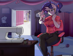 Size: 3375x2625 | Tagged: safe, artist:mrw32, rarity, sweetie belle, anthro, g4, breasts, busty rarity, crossed legs, ear piercing, earring, female, high res, jewelry, piercing, plushie, sewing, sewing machine, solo, wide hips