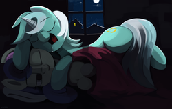 Size: 3000x1898 | Tagged: safe, artist:dimfann, bon bon, lyra heartstrings, sweetie drops, earth pony, pony, unicorn, g4, drool, eyes closed, female, lesbian, mare, moon, one eye closed, open mouth, ship:lyrabon, shipping, sleeping, smiling, stars, window