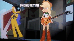 Size: 600x339 | Tagged: safe, edit, edited screencap, screencap, applejack, rarity, equestria girls, g4, my little pony equestria girls: rainbow rocks, animated, boots, caption, cowboy boots, daft punk, daft rarity, female, guy-manuel de homem-christo, image macro, one more time, shoes, song reference, text