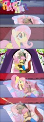 Size: 1144x3193 | Tagged: safe, artist:mysticalpha, edit, edited screencap, screencap, applejack, discord, fluttershy, pinkie pie, rainbow dash, rarity, draconequus, earth pony, pegasus, pony, unicorn, g4, the return of harmony, bed, cuddling, cute, discute, female, funny, male, scared, ship:discoshy, shipping, smiling, snuggling, stained glass, straight, window
