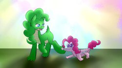 Size: 2560x1440 | Tagged: safe, artist:torifeather, gummy, pinkie pie, tabun art-battle, g4, recolor, simple background