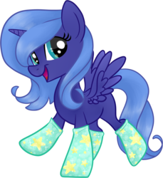 Size: 3983x4340 | Tagged: safe, artist:frostykat13, princess luna, absurd resolution, clothes, female, filly, s1 luna, simple background, smiling, socks, solo, spread wings, woona
