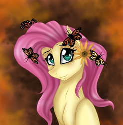 Size: 715x727 | Tagged: safe, artist:derpsonhooves, fluttershy, butterfly, g4, female, flower in hair, portrait, solo