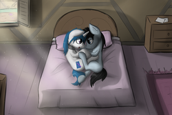 Size: 500x333 | Tagged: safe, artist:marsminer, oc, oc only, oc:frost bright, oc:frost stormwind, pony, unicorn, bed, commission, crepuscular rays, cuddling, eye contact, gay, male, on side, smiling, snuggling, window