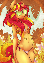 Size: 1050x1500 | Tagged: safe, artist:atryl, sunset shimmer, unicorn, anthro, equestria girls, g4, belly button, bikini, clothes, female, flower, smiling, solo, sunglasses, swimsuit