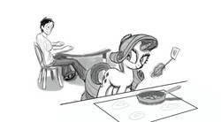 Size: 1433x789 | Tagged: safe, artist:ceehoff, rarity, oc, oc:connor, human, g4, cooking, spatula