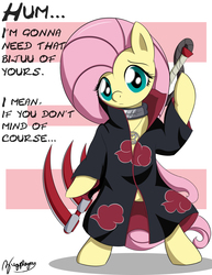 Size: 1700x2200 | Tagged: safe, artist:bugplayer, fluttershy, pony, g4, akatsuki, bipedal, clothes, female, hidan, naruto, parody, robe, simple background, solo, weapon