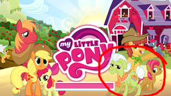 Size: 1136x640 | Tagged: safe, gameloft, apple bloom, apple split, applejack, babs seed, big macintosh, granny smith, half baked apple, perfect pie, earth pony, pony, g4, apple family member, eyes on the prize, loading screen, male, my little pony logo, stallion, sweet apple acres
