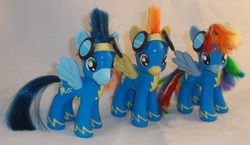 Size: 3369x1953 | Tagged: safe, artist:gryphyn-bloodheart, rainbow dash, soarin', spitfire, g4, brushable, customized toy, toy, wonderbolts, wonderbolts uniform