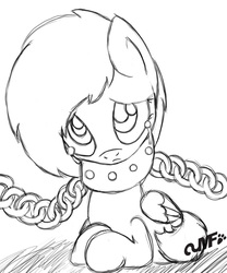 Size: 830x1000 | Tagged: safe, artist:miniferu, oc, oc only, chains, crying, female, filly, monochrome, slave, solo