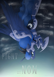 Size: 3579x5031 | Tagged: safe, artist:e-pon, princess luna, g4, armor, female, flying, glare, looking down, poster, solo, spread wings, warrior luna