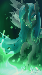 Size: 1688x3000 | Tagged: safe, artist:tiothebeetle, queen chrysalis, changeling, changeling queen, g4, female, jumping, open mouth, prancing, raised hoof, solo