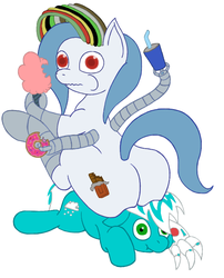 Size: 690x856 | Tagged: safe, artist:equilibrik, oc, oc only, oc:frosty winds, oc:sugar rush, pony, fallout equestria, butt, donut, food, plot, sitting on person, sitting on pony
