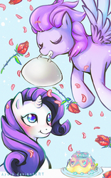 Size: 600x963 | Tagged: safe, rarity, oc, oc:kydose, g4, cake, canon x oc, flower, love, raridose, shipping